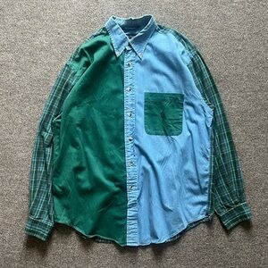Vintage 90s Nautica Color Block Plaid Denim Button Down Shirt Long Sleeve Mens L